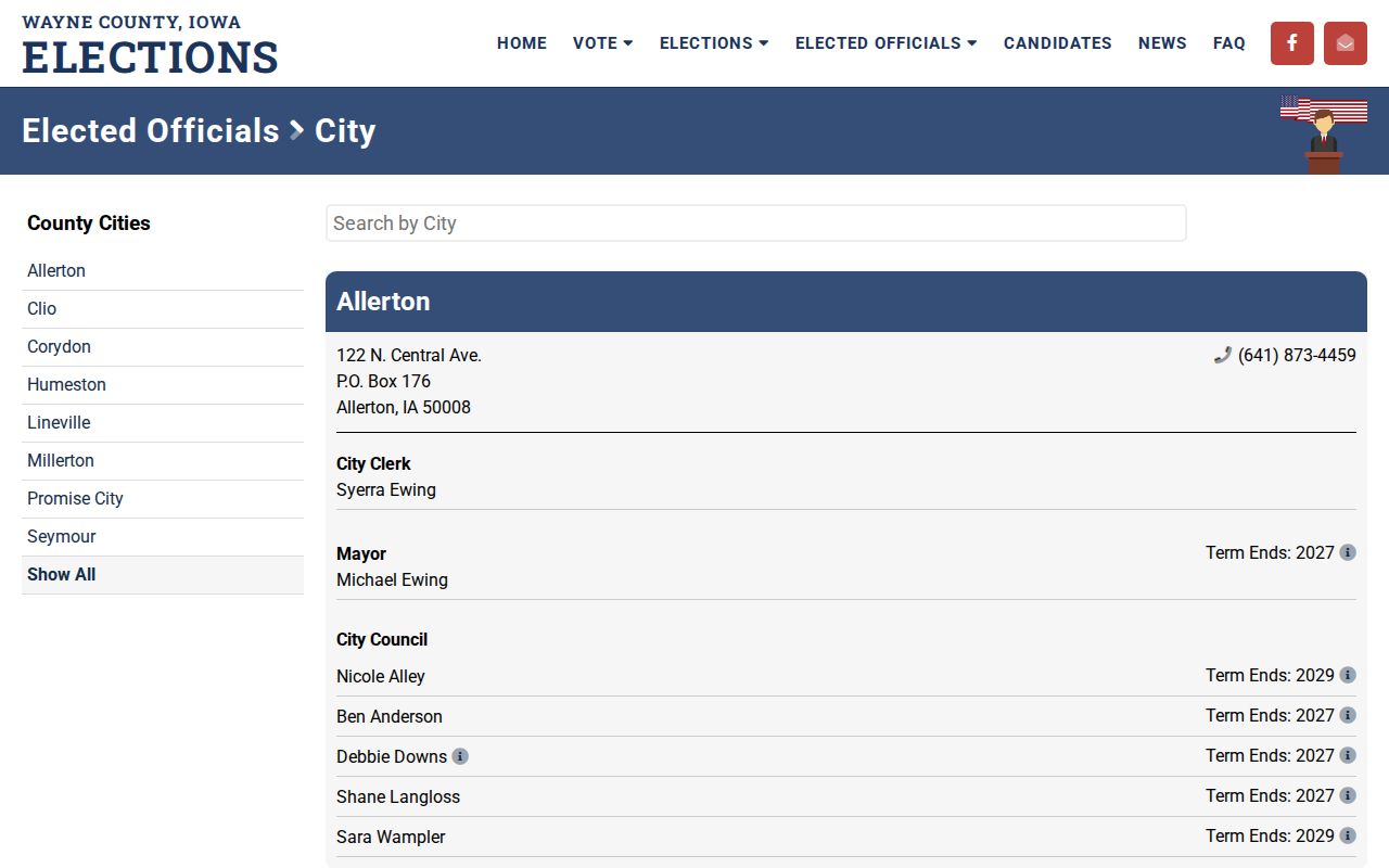 Official Corydon city officials directory for record custodian checks