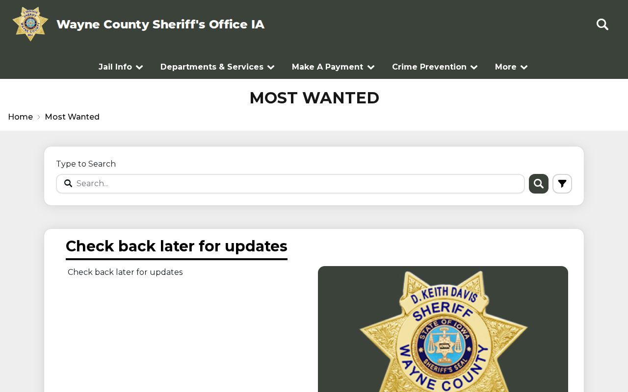 Wayne County arrest search empty sheriff most-wanted page