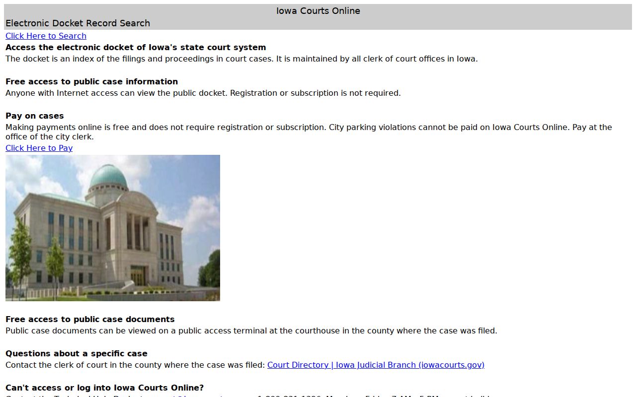 Iowa Courts Online interface for a Wayne County court case lookup